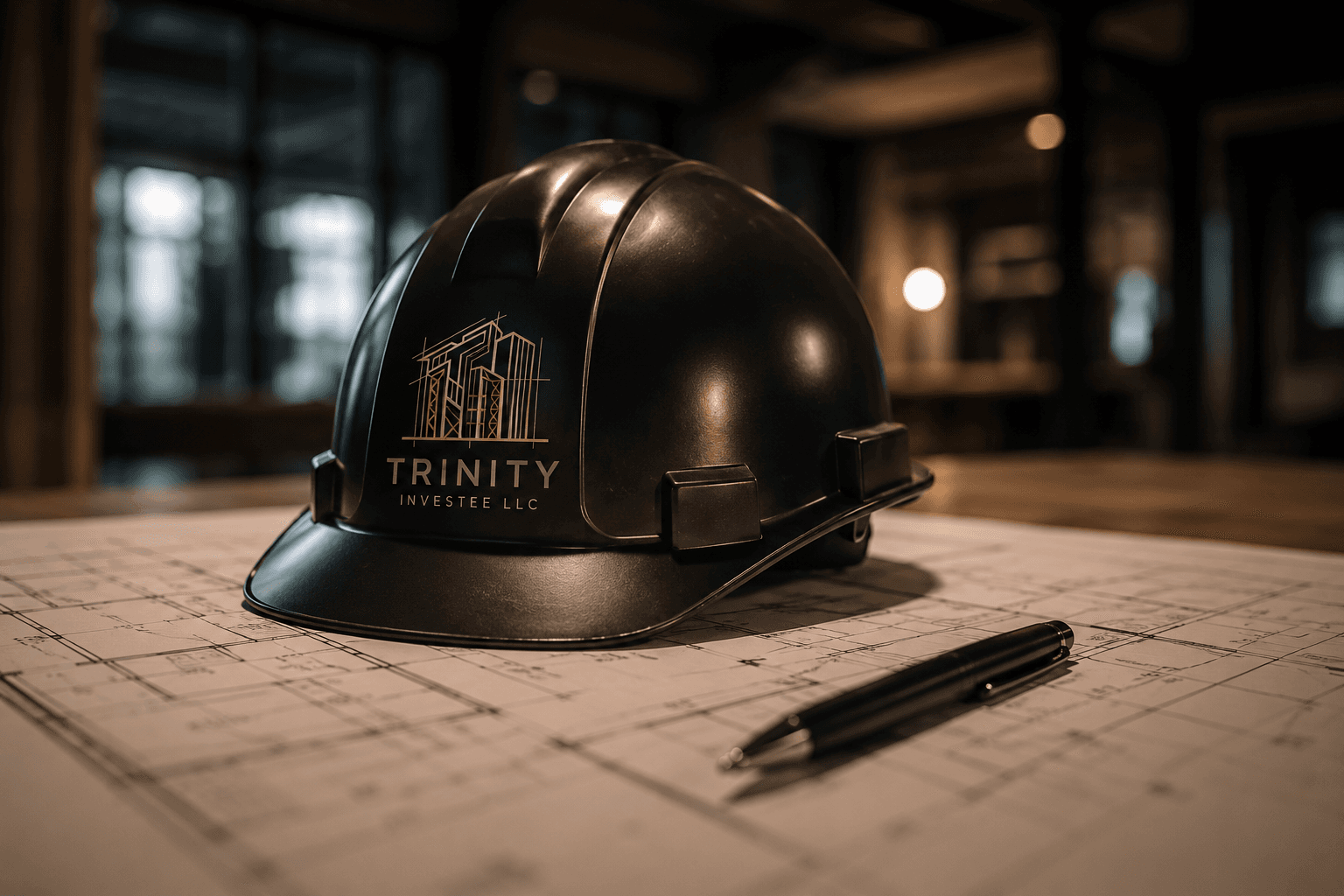 Trinity hard hat on blueprints